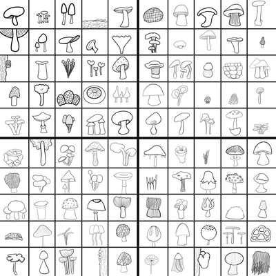 Black and white grid of 100 unique drawings of mushrooms