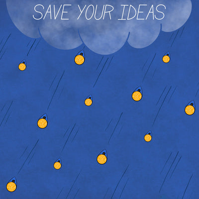 Slightly transparent illustration of a rain cloud with the words SAVE YOUR IDEAS on a blue background with falling yellow lightbulbs mixed with raindrops