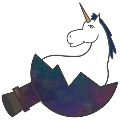 White miniature unicorn Storm with a blue mane and gold horn inside a colorful broken sphere beaker