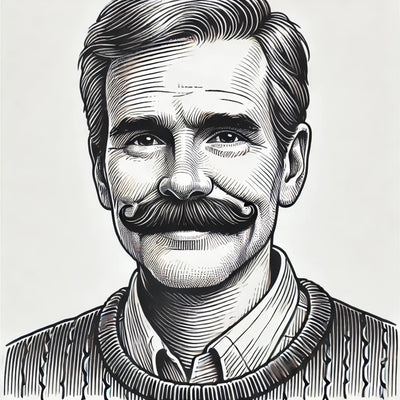 AI generated black and white illustration of a smiling older man who has a large bushy mustache with curled ends, wearing a sweater over a button down collared shirt (OpenAI DALLE)