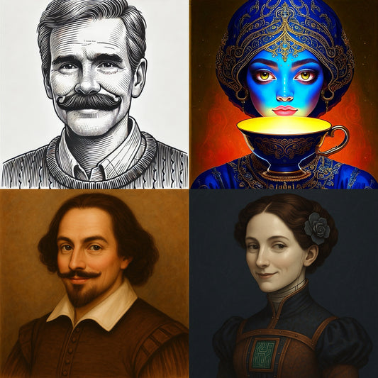 Four AI-generated portraits in a grid layout with artistic styles by DALL•E and Adobe Firefly