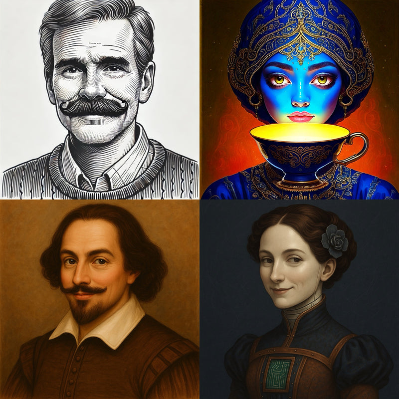 Four AI-generated portraits in a grid layout with artistic styles by DALL•E and Adobe Firefly