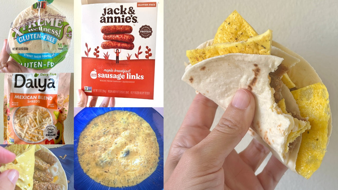 Collage of vegan food products including a package of Olé tortillas, Daiya cheese, jack & annie's sausage links, JUST egg, and and a tortilla filled with those ingredients